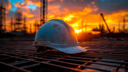 Concept illustration of a construction helmet on the background of a construction site and sunset.の素材