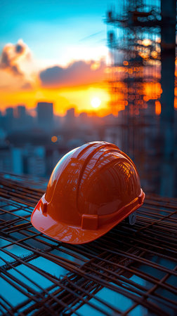 Concept illustration of a construction helmet on the background of a construction site and sunset.の素材