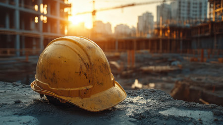 Concept illustration of a construction helmet on the background of a construction site and sunset.の素材