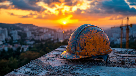 Concept illustration of a construction helmet on the background of a construction site and sunset.の素材