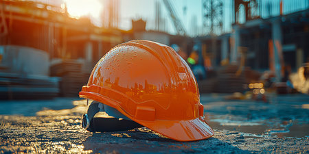 Concept illustration of a construction helmet on the background of a construction site and sunset.の素材