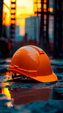 Concept illustration of a construction helmet on the background of a construction site and sunset.の素材