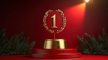 Concept illustration gold trophy with number one and a laurel wreath on a red background for success in business and sportsの素材