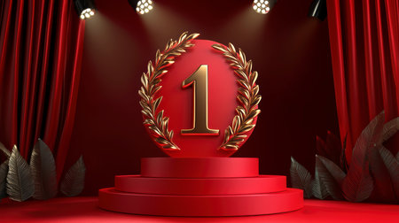 Concept illustration gold trophy with number one and a laurel wreath on a red background for success in business and sportsの素材