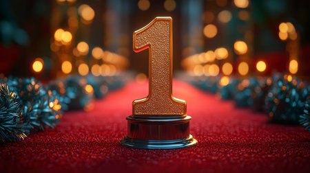 Concept illustration gold trophy with number one and a laurel wreath on a red background for success in business and sportsの素材