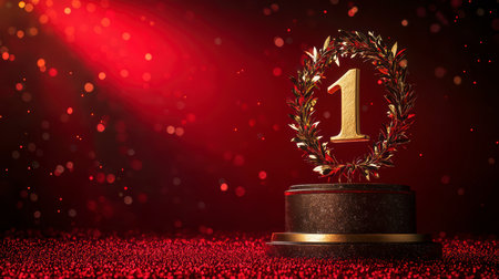 Concept illustration gold trophy with number one and a laurel wreath on a red background for success in business and sportsの素材