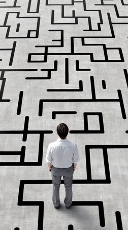 Concept illustration of a businessman stands in front of a complex maze, symbolizing the difficulties on the way to success.の素材