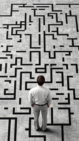 Concept illustration of a businessman stands in front of a complex maze, symbolizing the difficulties on the way to success.の素材