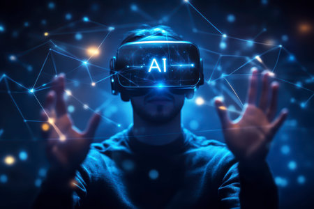 Concept illustration of a person in a VR headset interacts with AI and holograms, showing the use of technology in businessの素材