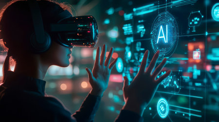 Concept illustration of a person in a VR headset interacts with AI and holograms, showing the use of technology in businessの素材