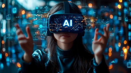 Concept illustration of a person in a VR headset interacts with AI and holograms, showing the use of technology in businessの素材