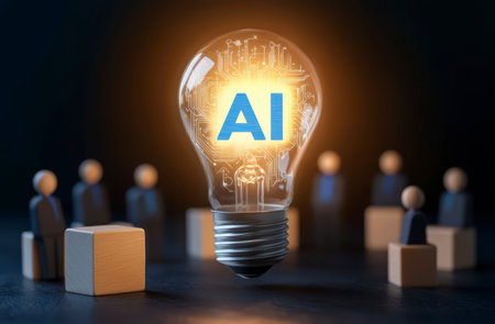 Concept illustration of the introduction of AI with the digital brain in a light bulb for AI against a personの素材