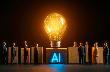 Concept illustration of the introduction of AI with the digital brain in a light bulb for AI against a personの素材