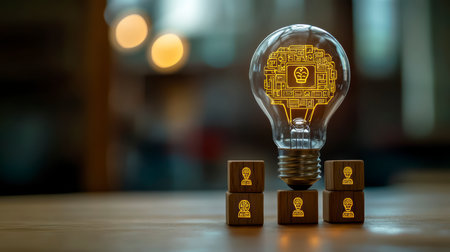 Concept illustration of the introduction of AI with the digital brain in a light bulb for AI against a personの素材
