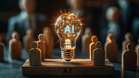 Concept illustration of the introduction of AI with the digital brain in a light bulb for AI against a personの素材