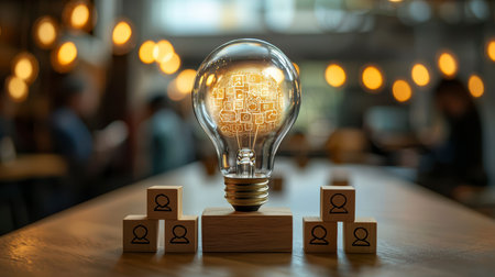 Concept illustration of the introduction of AI with the digital brain in a light bulb for AI against a personの素材