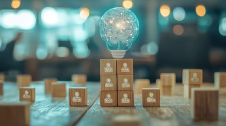 Concept illustration of the introduction of AI with the digital brain in a light bulb for AI against a personの素材