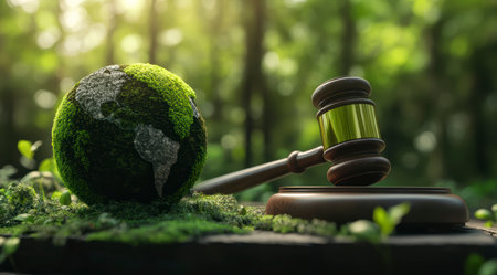 Concept illustration of a hammer of a judge next to the green planet Earth, the concept of sustainable development and environmental protectionの素材