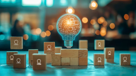 Concept illustration of the introduction of AI with the digital brain in a light bulb for AI against a personの素材