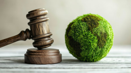 Concept illustration of a hammer of a judge next to the green planet Earth, the concept of sustainable development and environmental protectionの素材