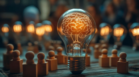 Concept illustration of the introduction of AI with the digital brain in a light bulb for AI against a personの素材