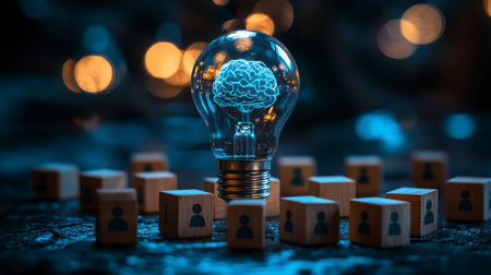 Concept illustration of the introduction of AI with the digital brain in a light bulb for AI against a personの素材