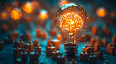 Concept illustration of the introduction of AI with the digital brain in a light bulb for AI against a personの素材