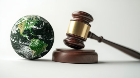 Concept illustration of a hammer of a judge next to the green planet Earth, the concept of sustainable development and environmental protectionの素材