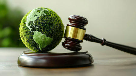 Concept illustration of a hammer of a judge next to the green planet Earth, the concept of sustainable development and environmental protectionの素材