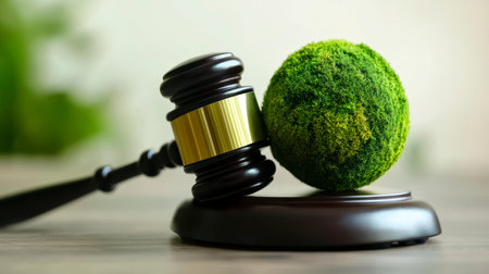 Concept illustration of a hammer of a judge next to the green planet Earth, the concept of sustainable development and environmental protectionの素材