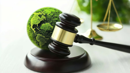 Concept illustration of a hammer of a judge next to the green planet Earth, the concept of sustainable development and environmental protectionの素材