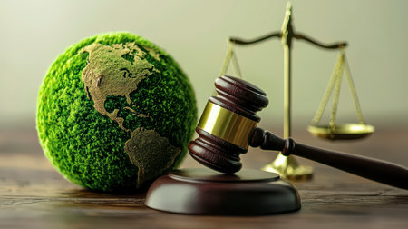 Concept illustration of a hammer of a judge next to the green planet Earth, the concept of sustainable development and environmental protectionの素材