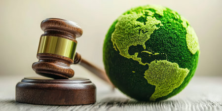 Concept illustration of a hammer of a judge next to the green planet Earth, the concept of sustainable development and environmental protectionの素材