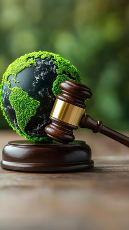 Concept illustration of a hammer of a judge next to the green planet Earth, the concept of sustainable development and environmental protectionの素材