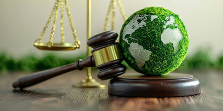 Concept illustration of a hammer of a judge next to the green planet Earth, the concept of sustainable development and environmental protectionの素材
