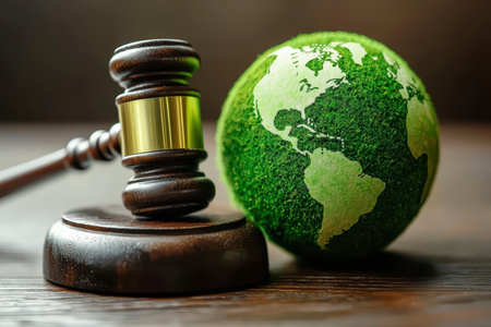 Concept illustration of a hammer of a judge next to the green planet Earth, the concept of sustainable development and environmental protectionの素材