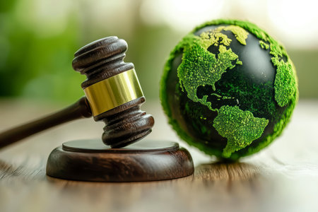 Concept illustration of a hammer of a judge next to the green planet Earth, the concept of sustainable development and environmental protectionの素材