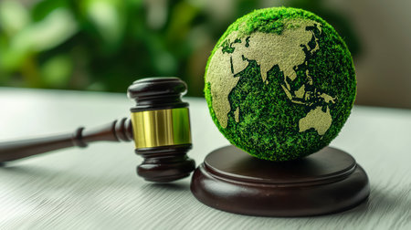 Concept illustration of a hammer of a judge next to the green planet Earth, the concept of sustainable development and environmental protectionの素材