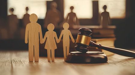 Concept illustration of the figure of the family next to the judge's gavel symbolizes the protection of children's rights in custody casesの素材