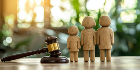 Concept illustration of the figure of the family next to the judge's gavel symbolizes the protection of children's rights in custody casesの素材