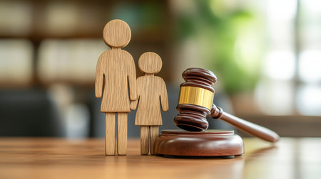 Concept illustration of the figure of the family next to the judge's gavel symbolizes the protection of children's rights in custody casesの素材
