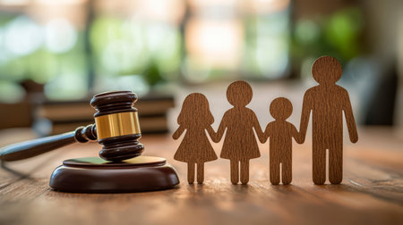 Concept illustration of the figure of the family next to the judge's gavel symbolizes the protection of children's rights in custody casesの素材