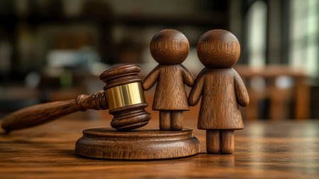 Concept illustration of the figure of the family next to the judge's gavel symbolizes the protection of children's rights in custody casesの素材