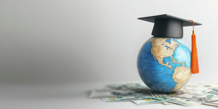 Concept illustration of the black cap of the graduate on the globe among the dollar bills symbolizes education and financial supportの素材