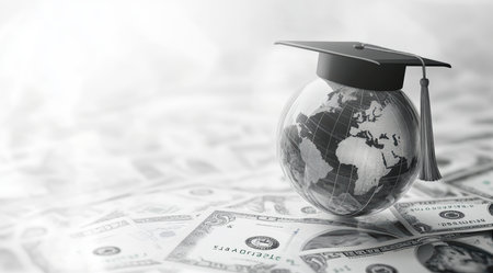 Concept illustration of the black cap of the graduate on the globe among the dollar bills symbolizes education and financial supportの素材
