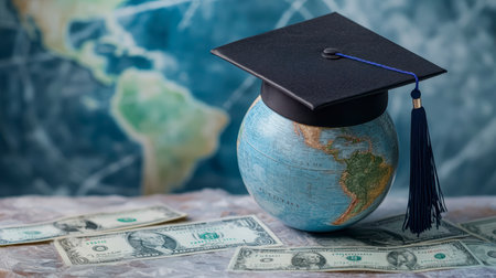 Concept illustration of the black cap of the graduate on the globe among the dollar bills symbolizes education and financial supportの素材