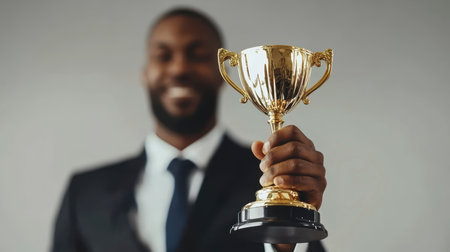 Concept illustration of a businessman holds a gold cup symbolizing success and achievements in corporate developmentの素材