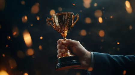 Concept illustration of a businessman holds a gold cup symbolizing success and achievements in corporate developmentの素材