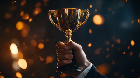 Concept illustration of a businessman holds a gold cup symbolizing success and achievements in corporate developmentの素材