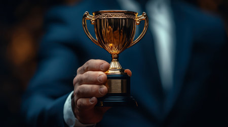 Concept illustration of a businessman holds a gold cup symbolizing success and achievements in corporate developmentの素材